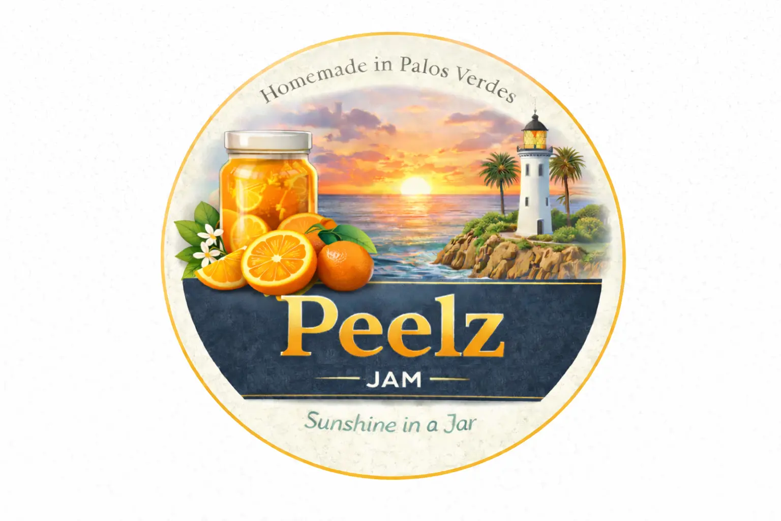 Peelz Jam circular label with a Palos Verdes lighthouse at sunset